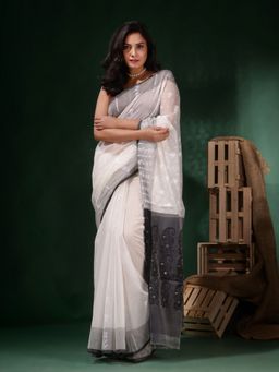 CHARUKRITI - White Cotton Handwoven Jamdani Floral and Paisley Designs Saree