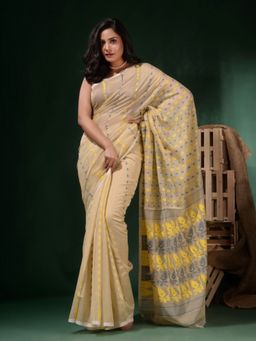 CHARUKRITI - Beige Handwoven Cotton Jamdani Woven Designs Saree