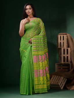 CHARUKRITI - Parrot Green Cotton Handwoven Jamdani Floral and Paisley Designs Saree