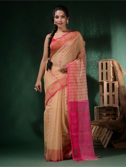 CHARUKRITI - Beige Cotton Handwoven Jamdani Woven Designs and Patterns Saree