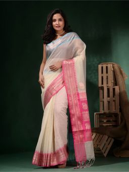 CHARUKRITI - Off White Resham Kota Handwoven Dual Borders Saree with Unstitched Blouse
