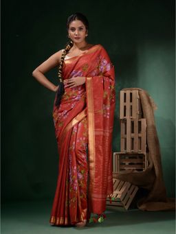 CHARUKRITI - Red Silk Linen Handwoven Floral Print Saree with Unstitched Blouse