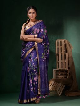 CHARUKRITI - Navy Blue Silk Linen Handwoven Floral Print Saree with Unstitched Blouse