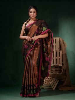 CHARUKRITI - Copper Tissue Handwoven Soft Floral Designs Saree with Unstitched Blouse