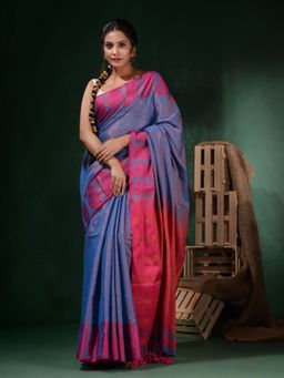 CHARUKRITI - Blue Tissue Handwoven Paisley Borders Saree with Unstitched Blouse