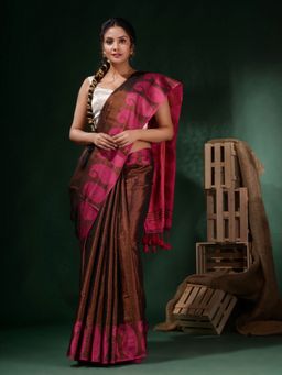 CHARUKRITI - Copper Tissue Handwoven Paisley Borders Saree with Unstitched Blouse