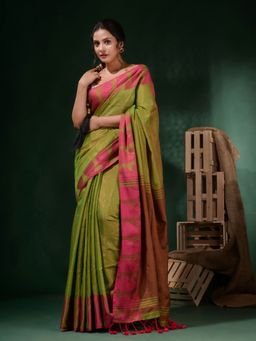 CHARUKRITI - Green Tissue Handwoven Paisley Borders Saree with Unstitched Blouse