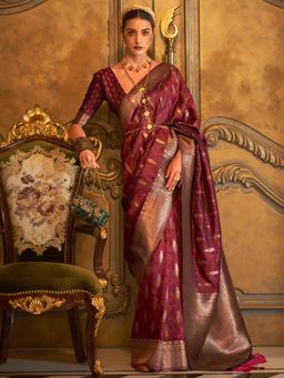 Akhilam - Women's Silk Blend Wine Woven Designer Saree with Unstitched Blouse