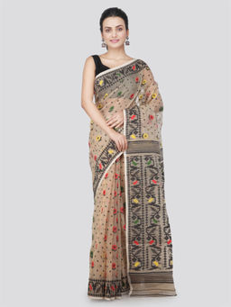PinkLoom - Womens soft Jamdani Saree without Blouse -Beige