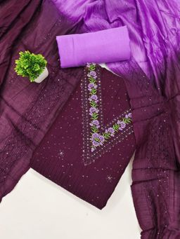 Zeepkart - Chanderi Silk Fabric Unstitched Suits Exclusive Dress Material Women Purple (Set of 3)
