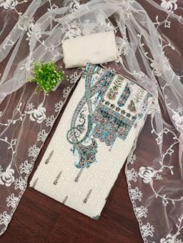 Zeepkart - Georgette Silk Fabric Unstitched Suits Exclusive Dress Material Women Teal (Set of 3)