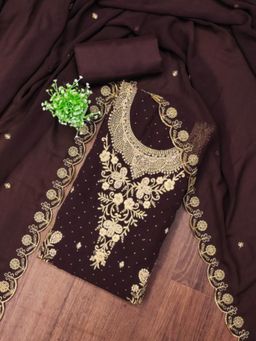 Zeepkart - Georgette Silk Fabric Unstitched Suits Exclusive Dress Material Women Brown (Set of 3)