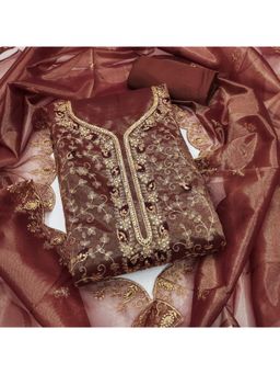 Zeepkart - Organza Fabric Unstitched Suits Exclusive Dress Material Women Brown (Set of 3)