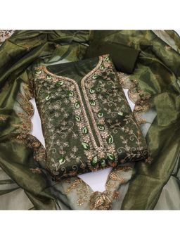 Zeepkart - Organza Fabric Unstitched Suits Exclusive Dress Material Women Green (Set of 3)