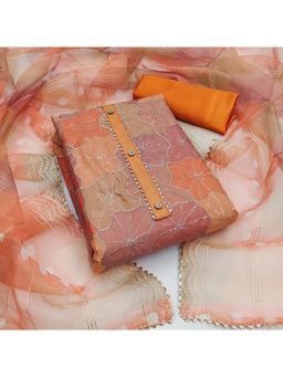 Zeepkart - Organza Silk Fabric Unstitched Suits Exclusive Dress Material Women Orange (Set of 3)