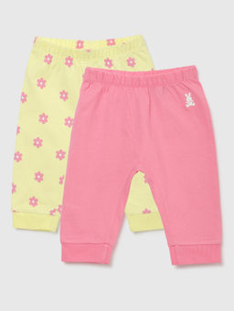 United Colors of Benetton - Yellow Printed & Pink Solid Baby Joggers (Pack of 2)