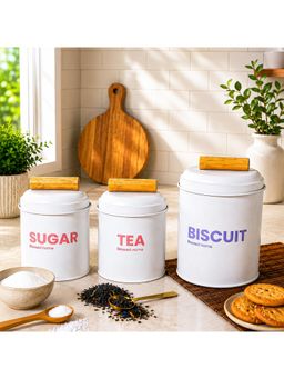 Voncasa - White Metal Kitchen Storage -Tea, Sugar and Biscuit Jars (Pack of 3)