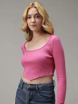 Outzidr - Pink Asymmetric Hem Scoop Neck Knit Street Style Top