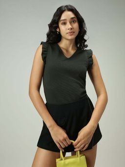 Outzidr - Olive V Neck Ruffled Short Sleeves Vacay Top