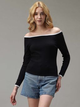 Outzidr - Black Cotton Contrast Tipping Ribbed Knit Street Style Top