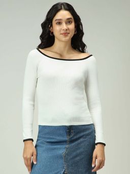 Outzidr - White Contrast Tipping Ribbed Knit Street Style Top