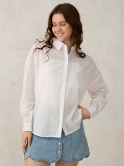 Outzidr - White Cotton Solid Oversized Street Style Shirt