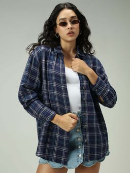 Outzidr - Navy Blue Cotton Oversized Checkered Street Style Shirt