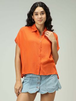 Outzidr - Rust Crepe Solid Flowy Vacay Shirt