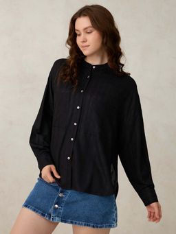 Outzidr - Black Textured Solid Street Style Shirt