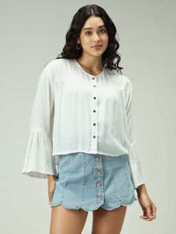 Outzidr - White CrepeButton Down Flowy Vacay Shirt