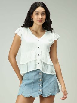 Outzidr - White Button Down Tiered Vacay Top