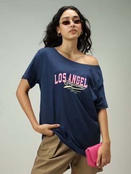Outzidr - Oversized Navy Blue Cotton One Shoulder Graphic Street Wear T-Shirt