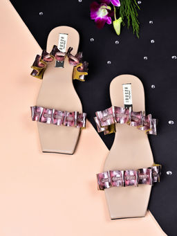 IRUSSH - Memory Foam Metallic Pink Fringe Tunnel Flats