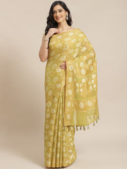 Indethnic - Banarasi Lime Green Woven Design Work Wear Saree With Unstitched Blouse