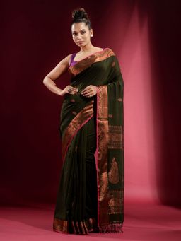 CHARUKRITI - Pine Green Pure with Zari Design and Motif Saree with Unstitched Blouse