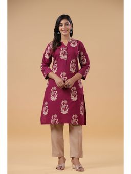 SAVI - Wine Cotton Printed Mandarin Collar Kurta with Pant (Set of 2)