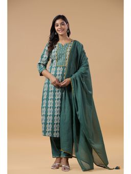 SAVI - Green Cotton Printed Mirror Kurta with Pant and Dupatta (Set of 3)
