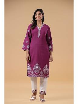 SAVI - Burgundy Cotton Embroidered Kurta with Pant (Set of 2)
