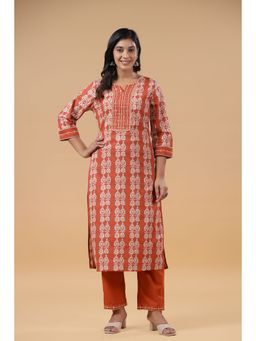 SAVI - Rust Cotton Printed Embroidered Kurta with Pant (Set of 2)