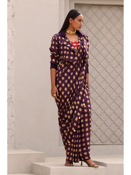 Aapro Label - Purple Elsie pre draped Saree and Jacket with Stitched Blouse