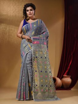 Arhi - Light Grey Cotton Handwoven jamdhani Saree with Multicolor Floral Designs and Motifs