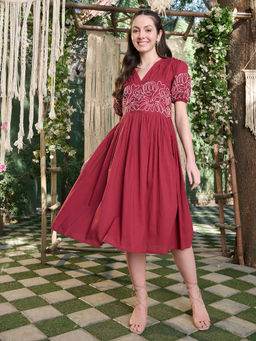 Stylum - Maroon Cotton Embroidered Dress