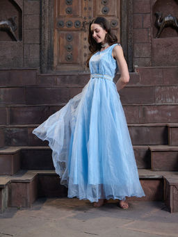 Stylum - Turquoise Satin Embroidered Gown with Belt (Set of 2)