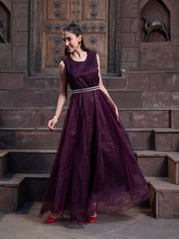 Stylum - Wine Satin Embroidered Gown with Belt (Set of 2)