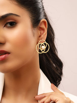 Priyaasi - Geometric Circles Gold Plated Pearl Drop Earrings