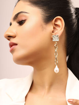 Priyaasi - Hammered Chained Pearl Long Gold Plated Earrings