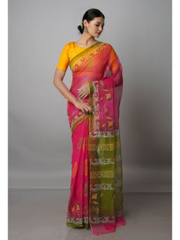 Unnati Silks - Pink Pure Block Printed Kota Cotton Saree with Unstitched Blouse