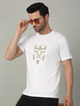 Louis Stitch - Men's White Pure Cotton Round Neck Printed T-Shirt