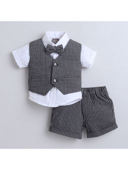 Little Kangaroos - Black Stripes Cotton Blend Shirt with Coat and Shorts