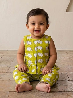 Kinder Kids - Green Printed Cotton Regular Top and Pant
